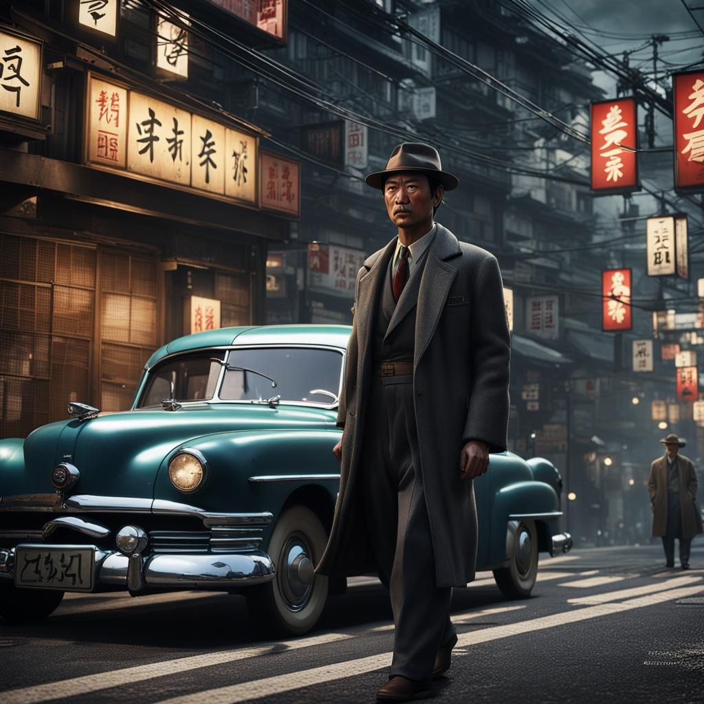 Japanese Detective in 1950s Tokyo: Hyperrealistic Photo