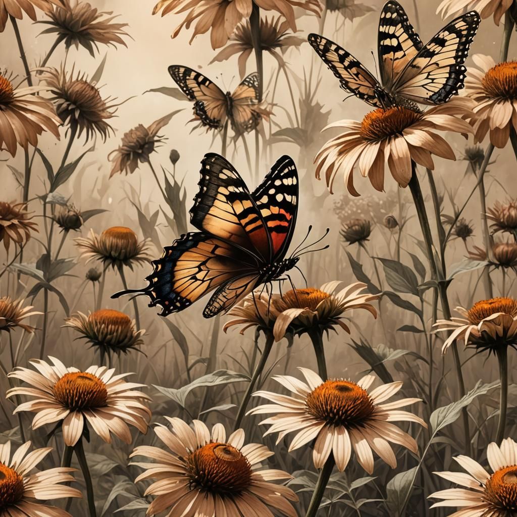 Butterfly on Coneflower: Sepia Watercolor Art