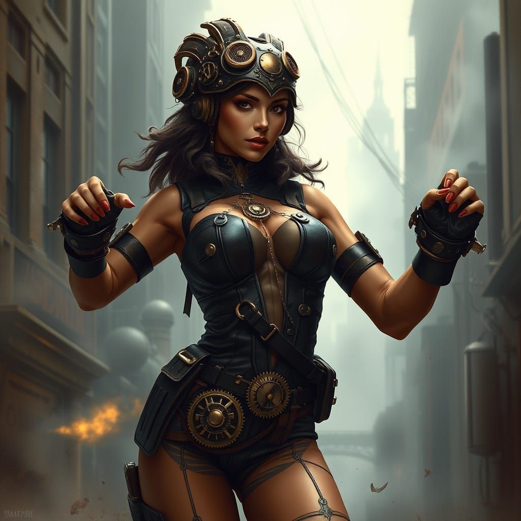 Elegant Steampunk Heroine in Industrial Cityscape