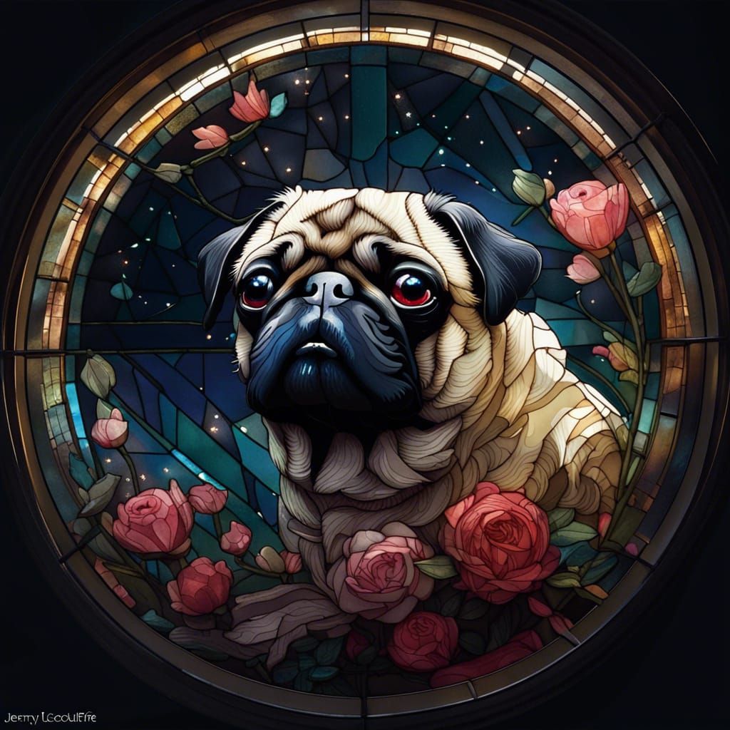 Stained Glass Pug with Constellation Map