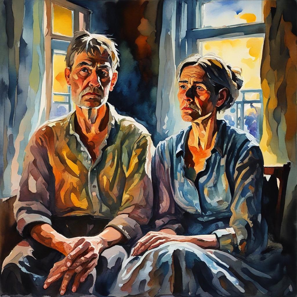 Unhappy Couple in Dark Room as Gouache Painting