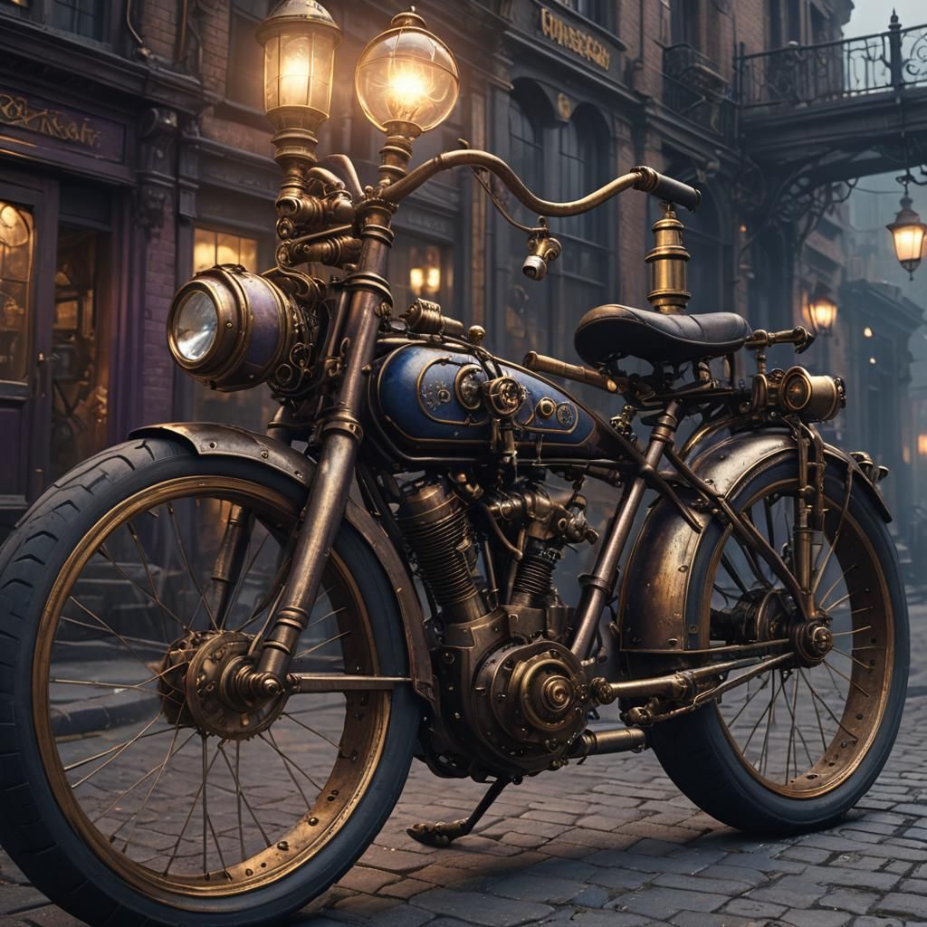 Steampunk Bike on Victorian Street, Dark Fantasy Art