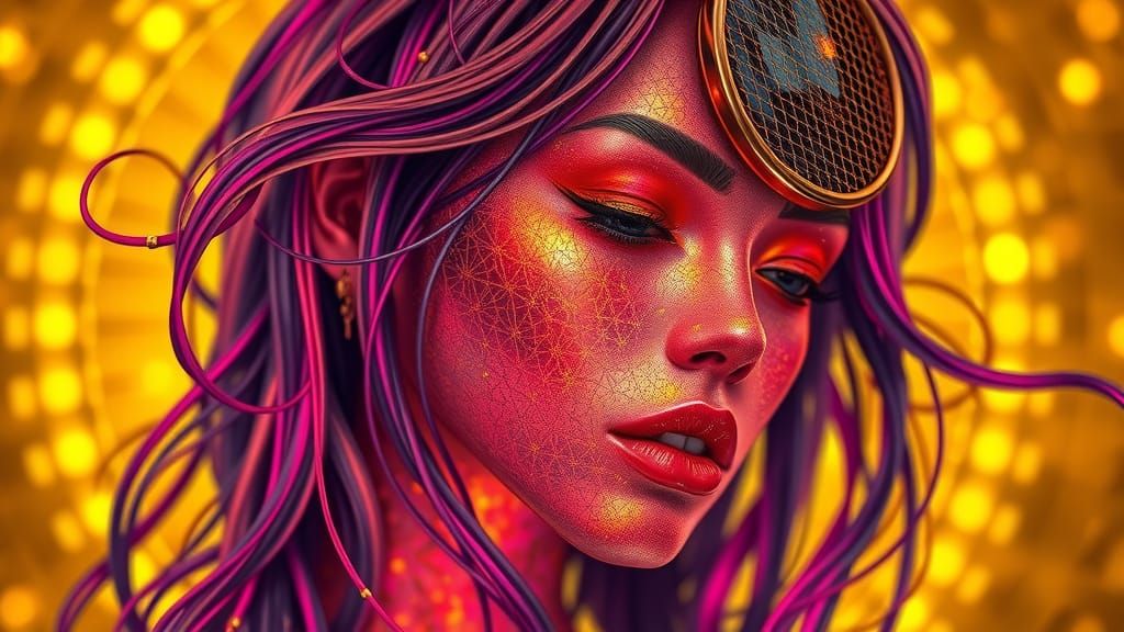 Glistening Cyber Girl in Golden Fractalscape