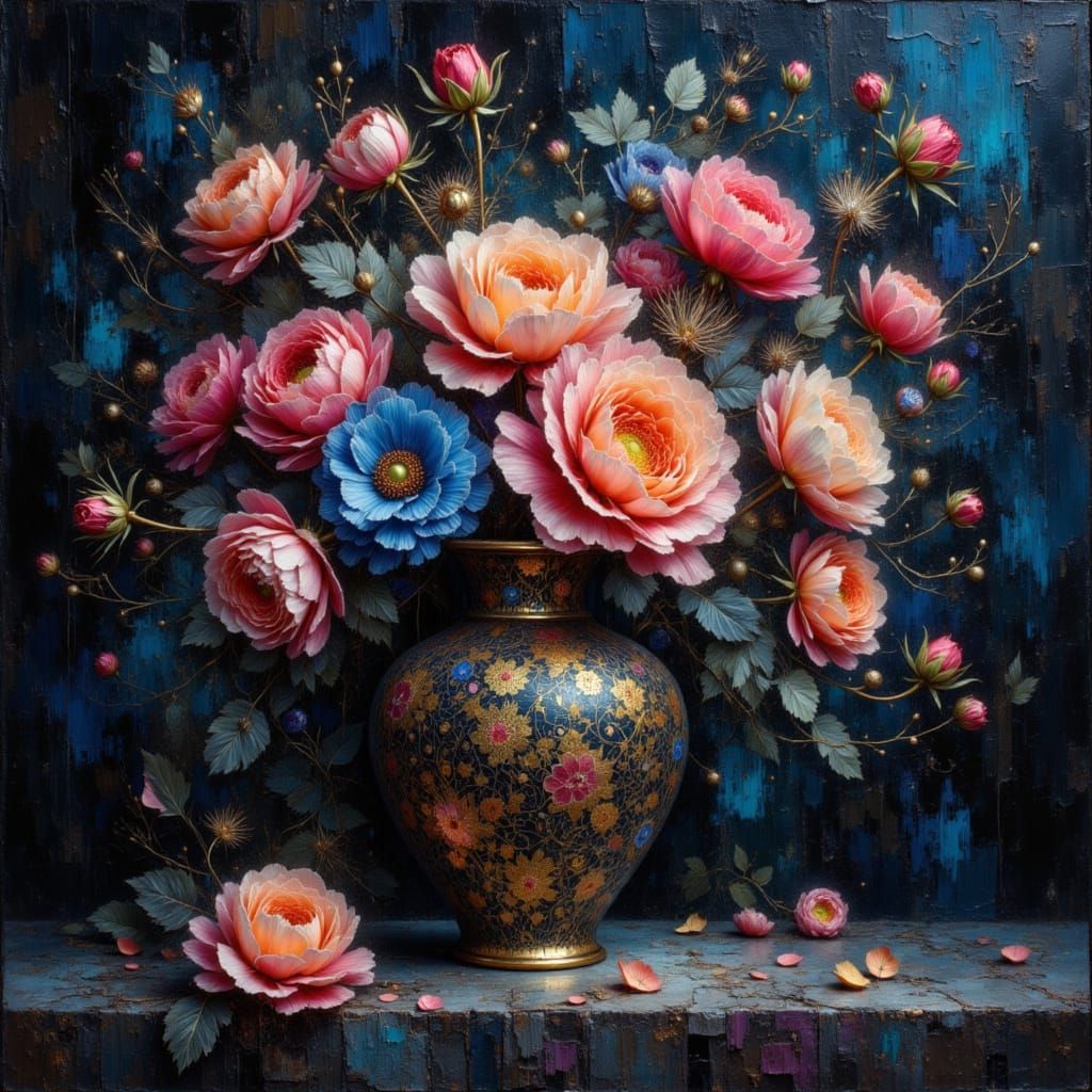 Intricate Cloisonne Vase with Vibrant Flowers in Moody Chino...