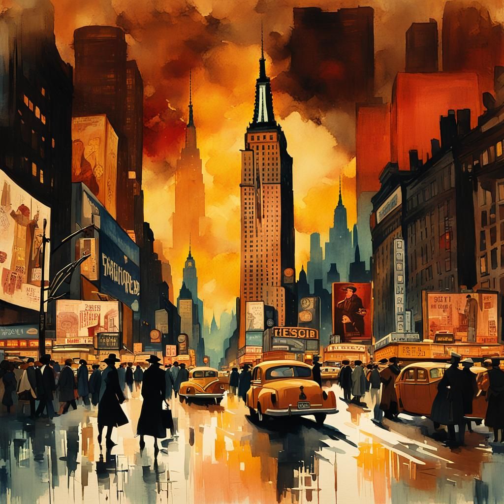 Vibrant Roaring Times Square Scene in Vintage European Ink S...