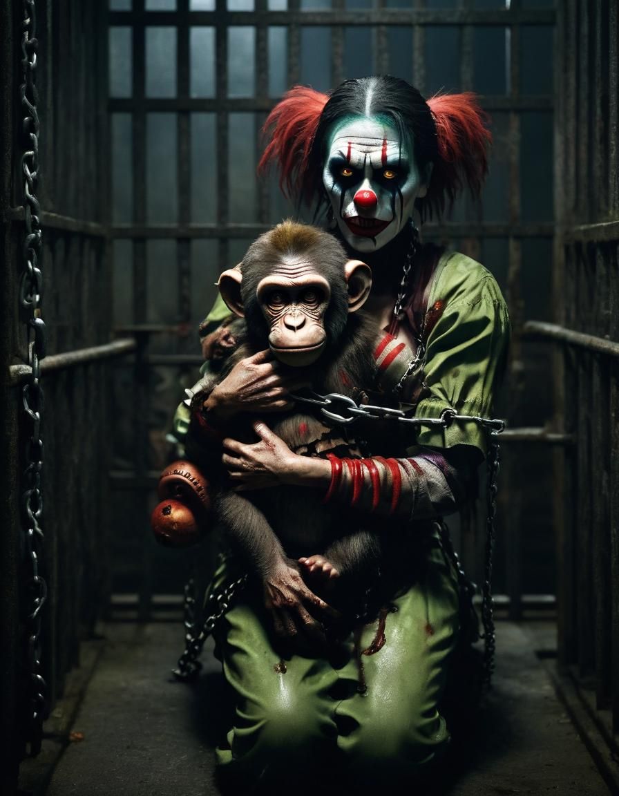 Surreal Horror Scene: Chained Zombie Monkey Mother Holding B...