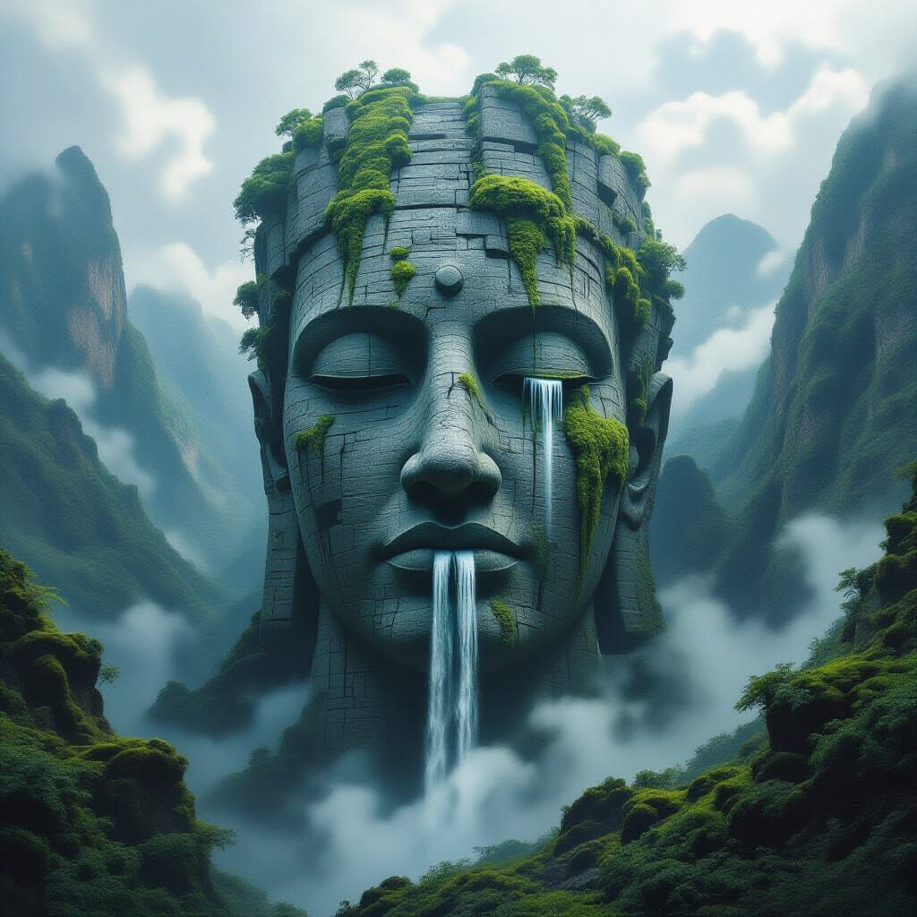 Ancient Stone Head in Misty Mountains, Biomechanical Style
