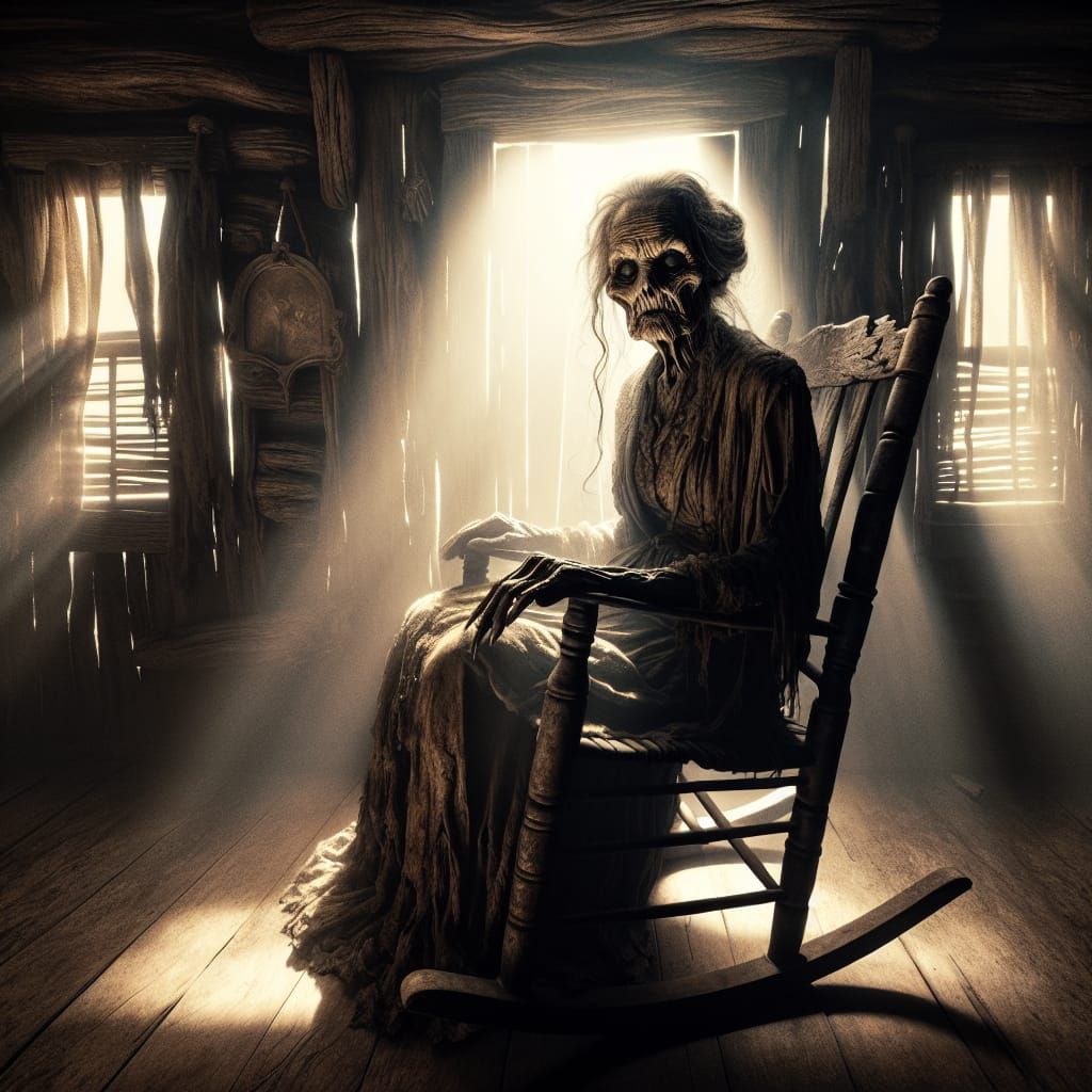 Spooky Old Woman in Cabin, a Romanticism-Style Oil Painting