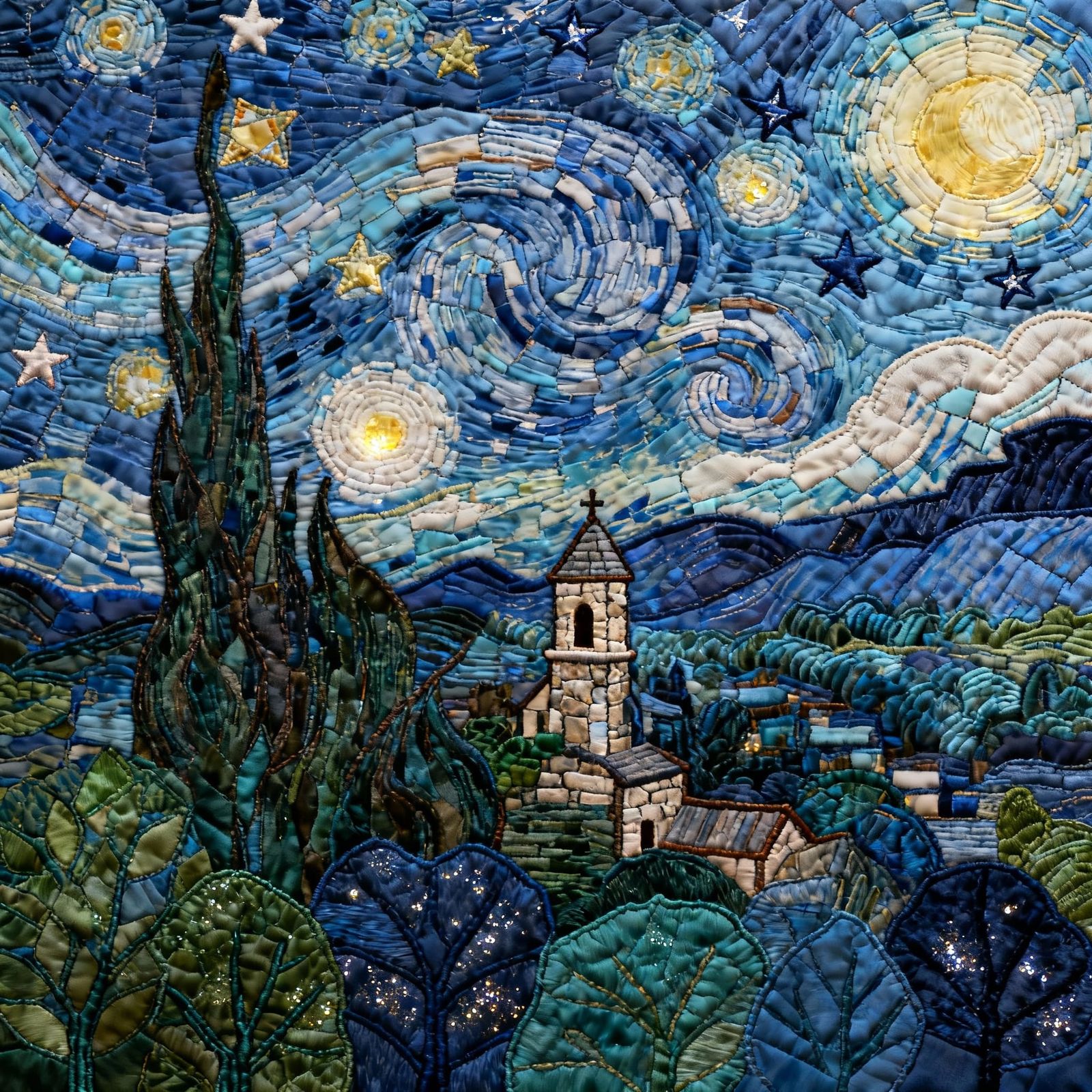Mosaic Quilted Forest Church Under Starry Night Sky