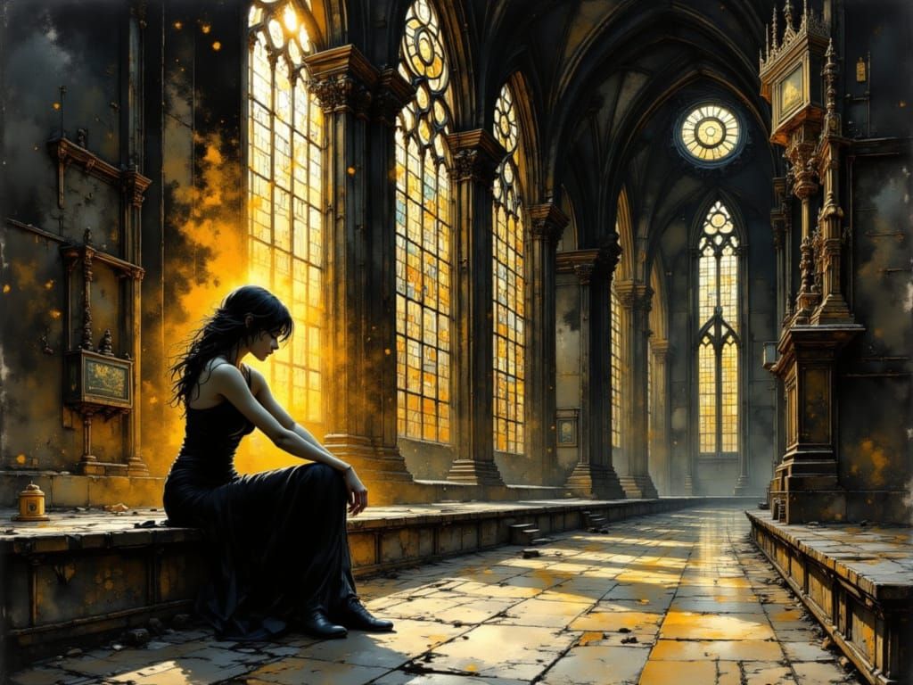 Woman in Gothic Cathedral with Golden Light
