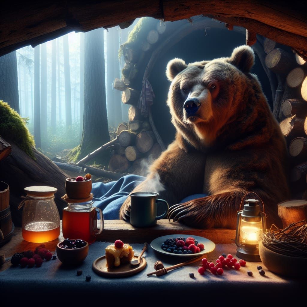 Grumpy Bear's Morning Coffee in Forest Den