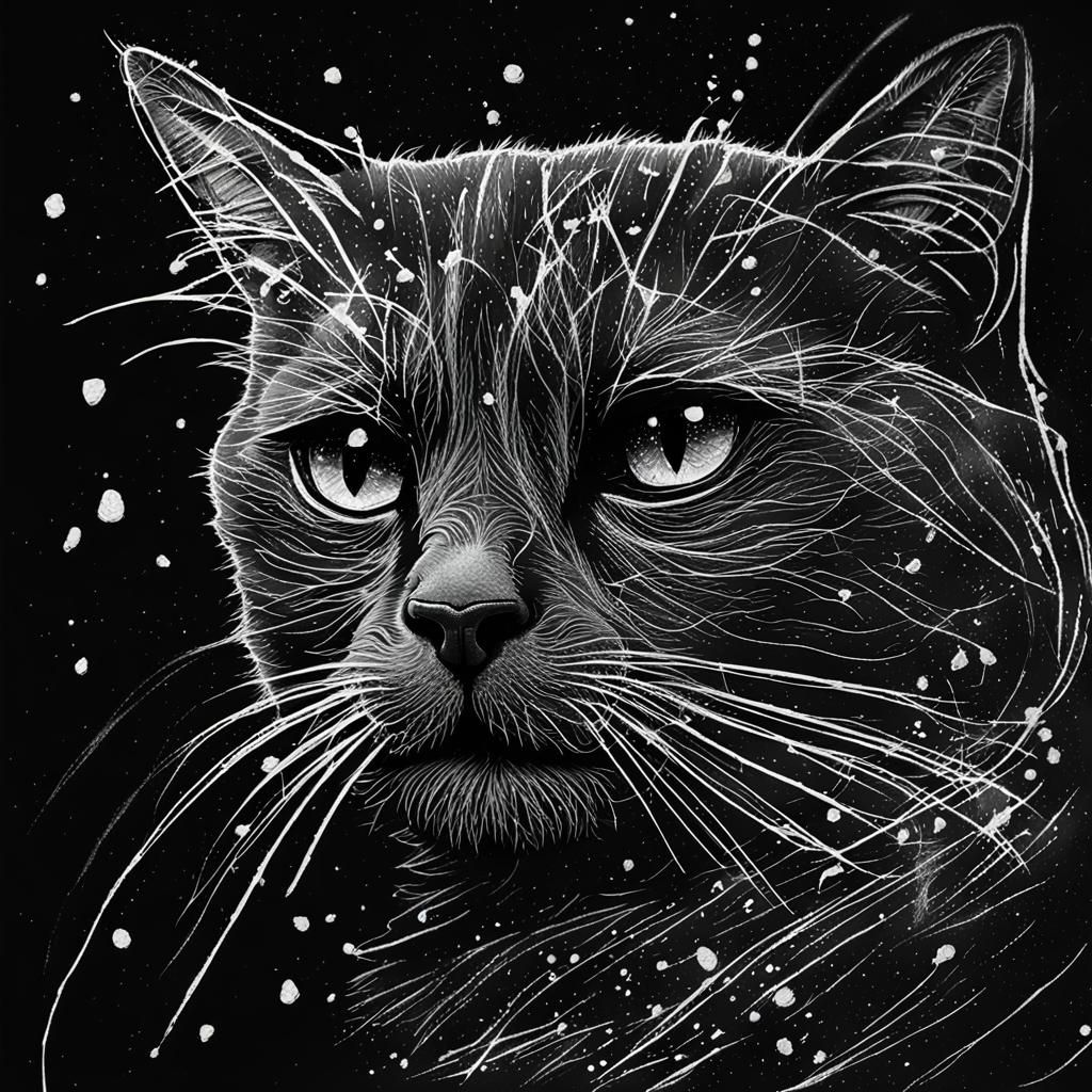Dreamlike Black Cat Ink Sketch on Black Paper