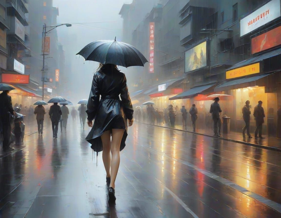 Rainy Cityscape in Neon Style