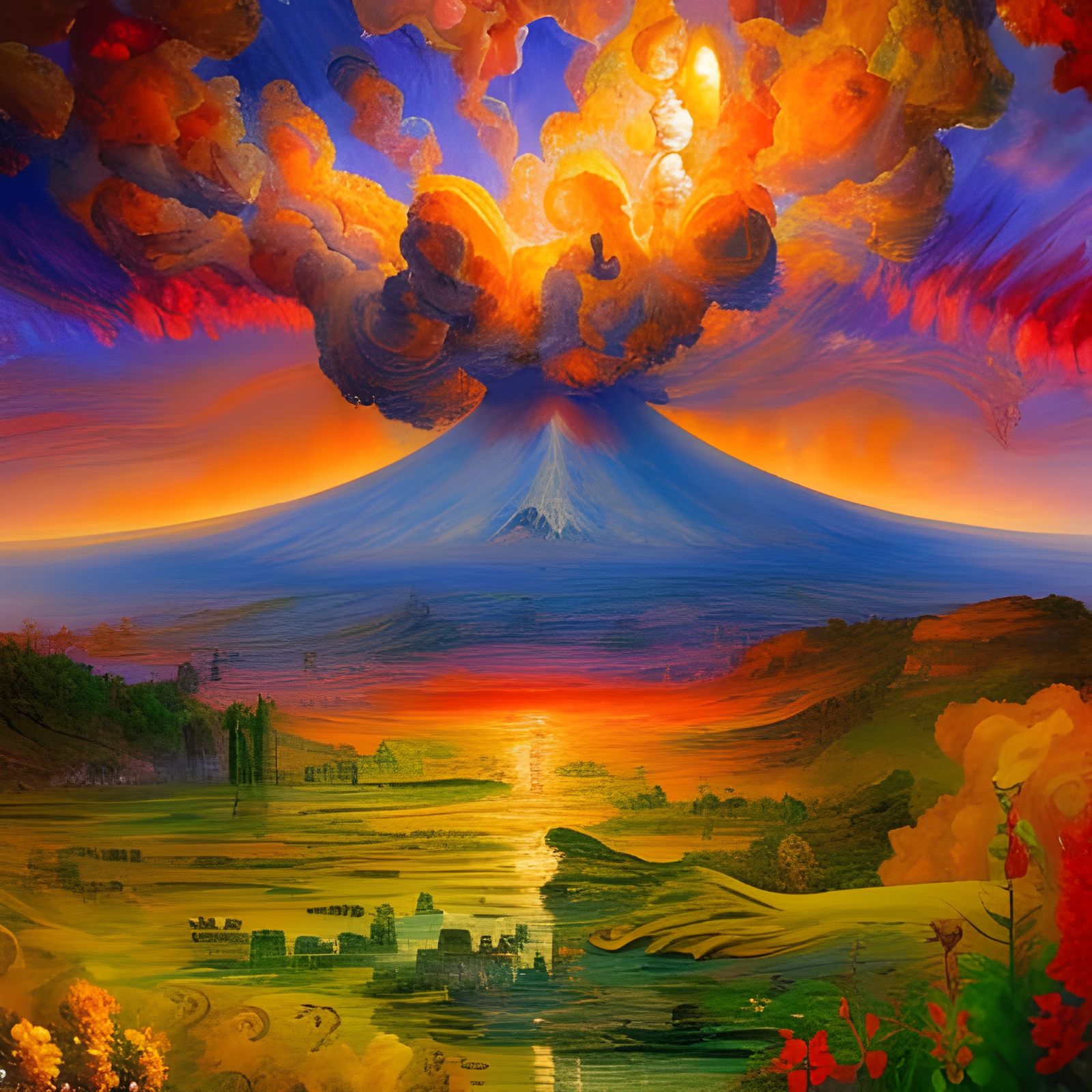 Volcanic Eruption with Garden, Impressionist Oil Painting