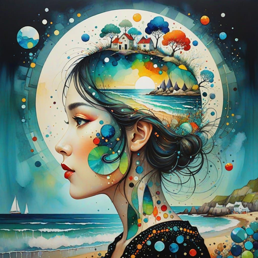Seashore Walk: Surreal Whimsical Illustration