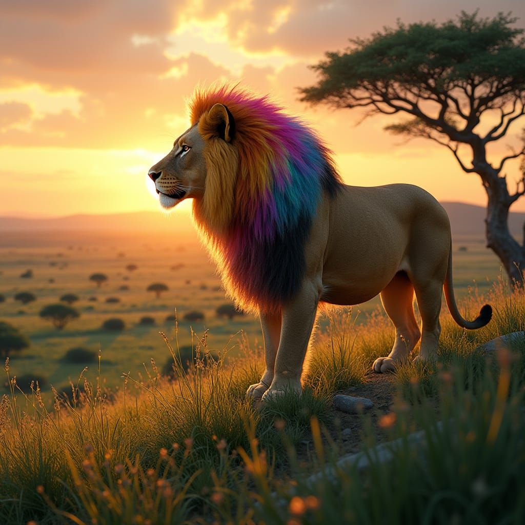 Regal Lion in Sunset Savanna Landscape