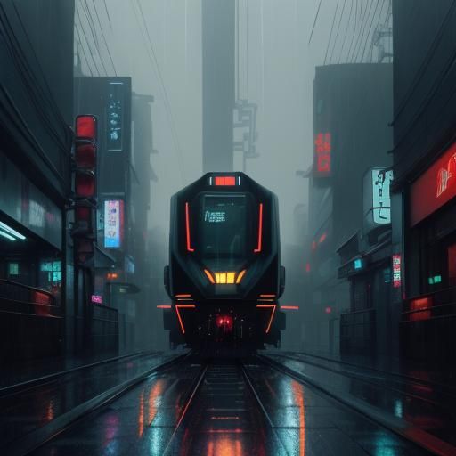 Cyberpunk Train Defies Gravity in Rainy Tokyo