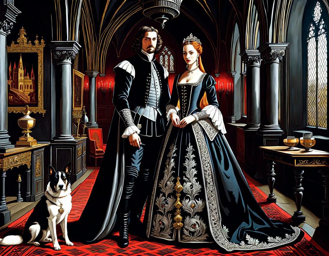 Gothic Couple in Medieval Castle, Monochromatic Oil Painting