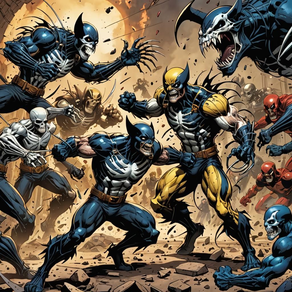 Skeletal Wolverine Battles Sentinels and Avengers