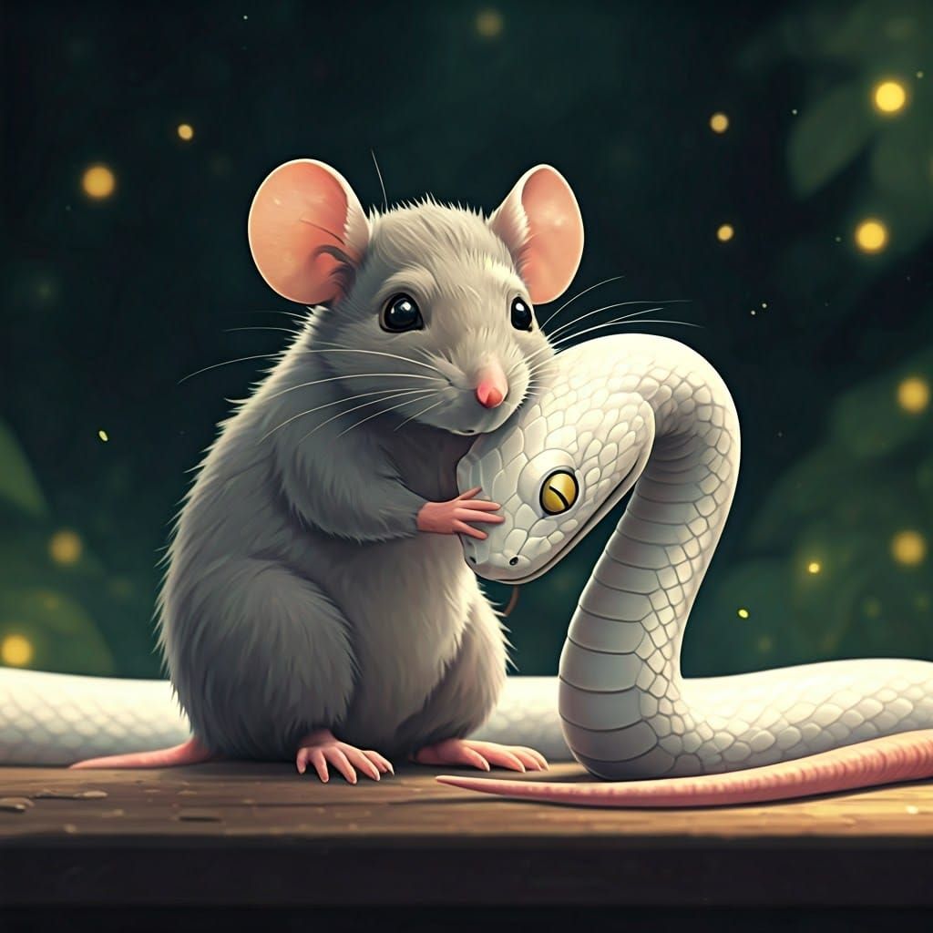Charming Rat and Snake Embrace: Ghibli-Style Anime