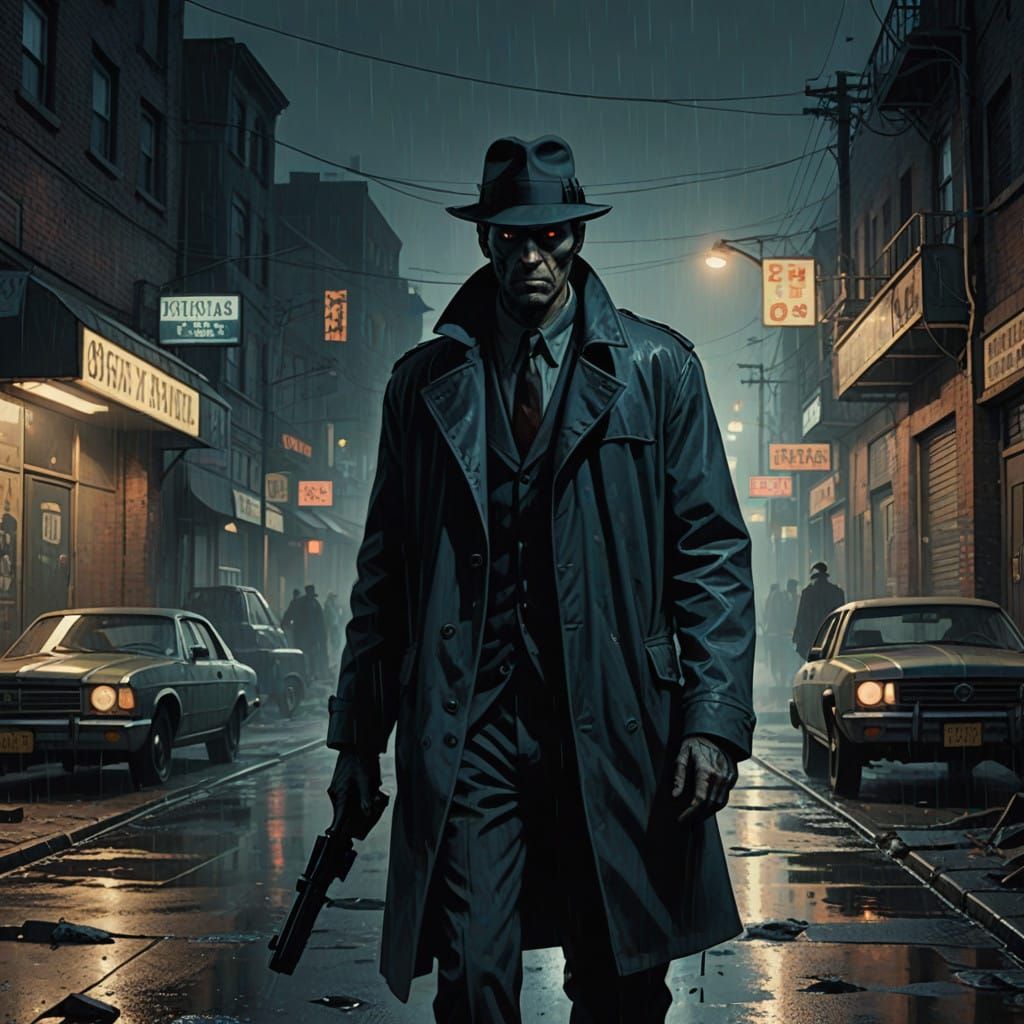 Gritty Zombie Detective in Film Noir Style
