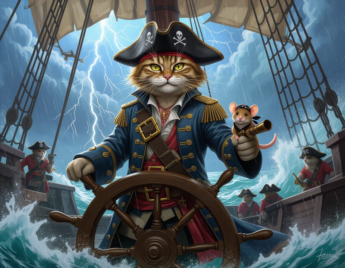 Pirate Cat Helms Stormy Ship in a Cinematic Painting