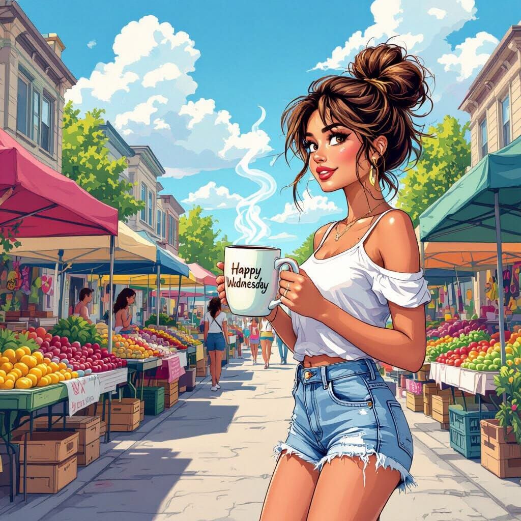 Woman at Farmers Market in Eclectic Illustration Style