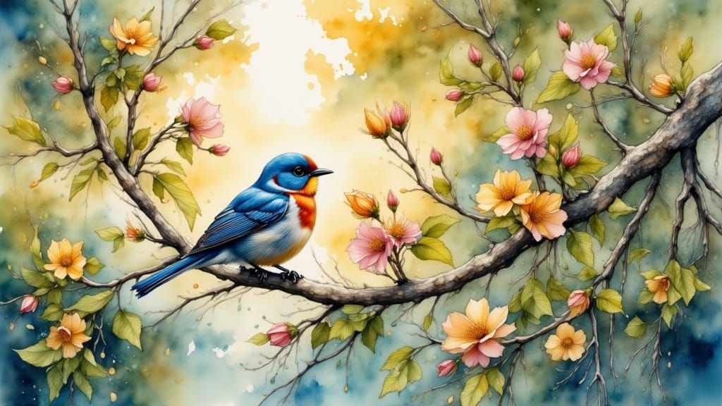 Vibrant Watercolor Bird in Tree