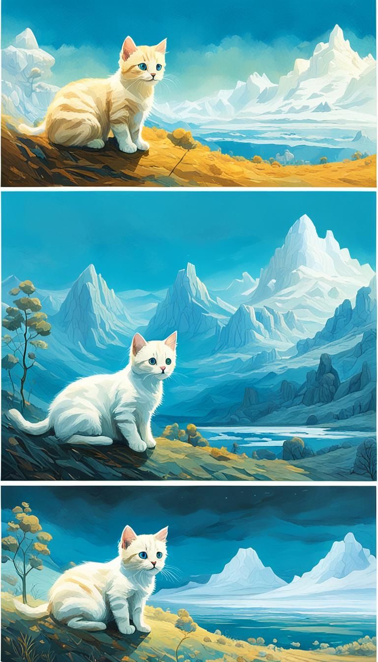 Kitten to Cat Age Progression in Dreamlike Illustration