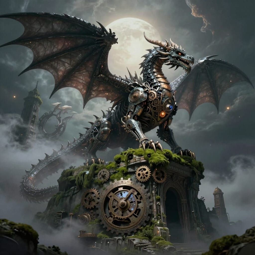 Biomechanical Dragon on Ancient Ruins Under Twin Suns