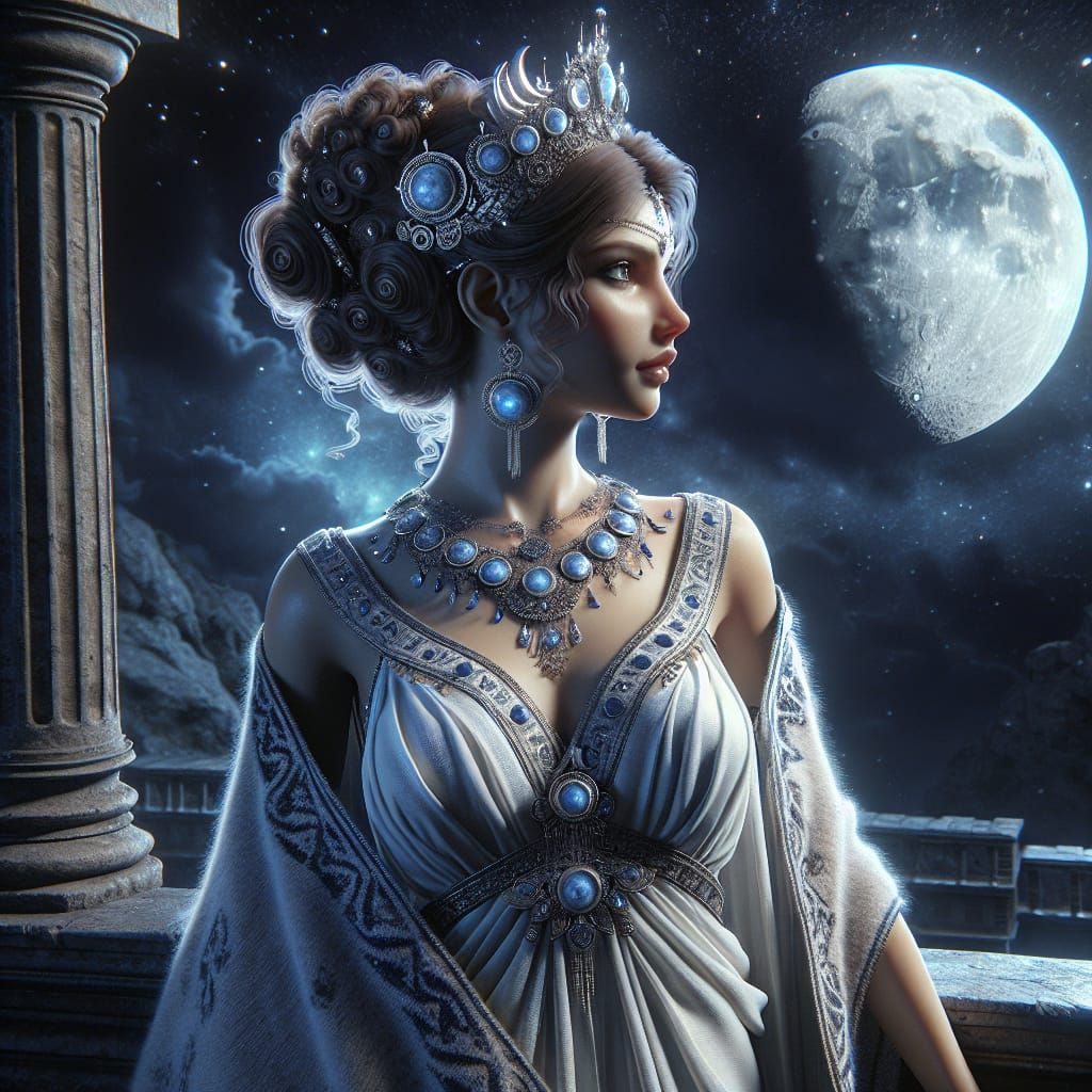 Etruscan Moon Goddess Tiur Under Starry Night Sky