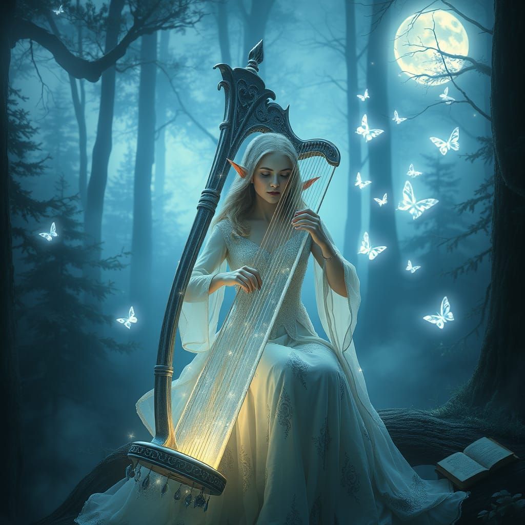 Elven Musician Plays Starlight Harp in Moonlit Forest