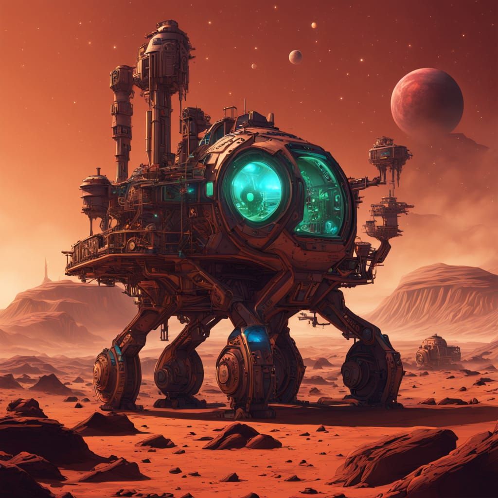 Steampunk Wagon Chugs Through Glowing Martian Landscape