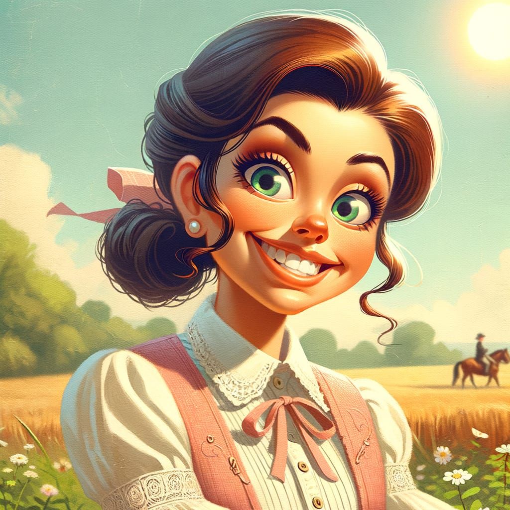 Animated Woman with Goofy Expression in Oil Painting