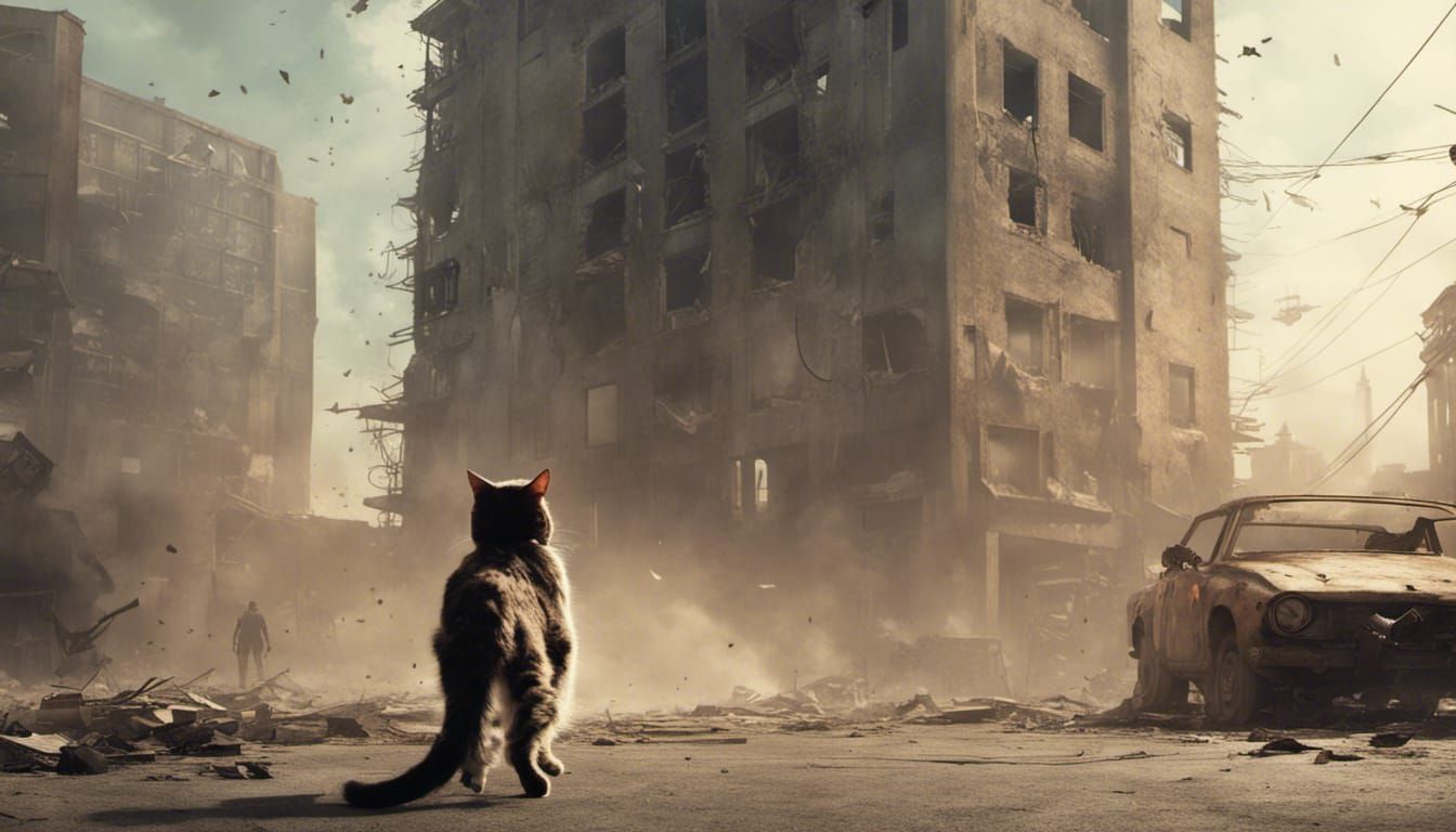 Cat Walks Away from Cyberpunk Explosion