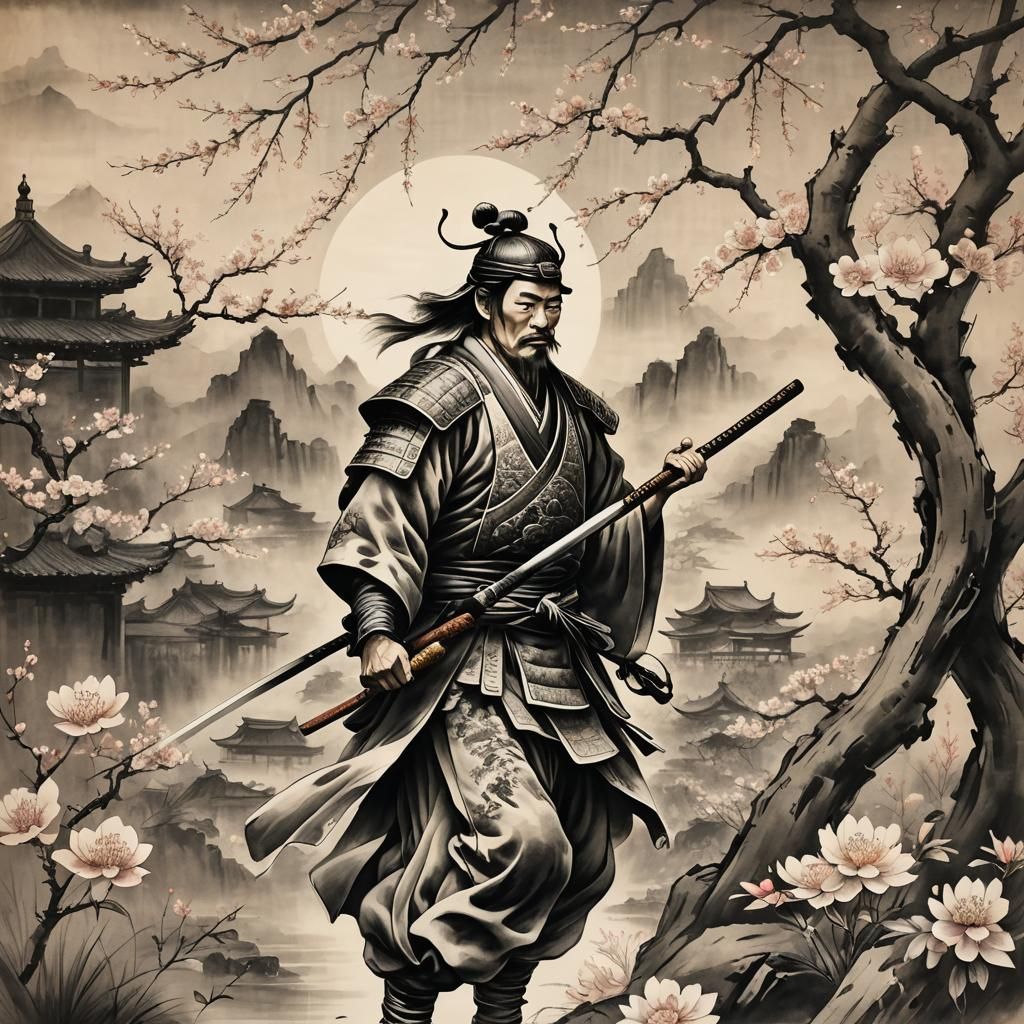 Samurai and Blossoms in Chinese Scroll Style