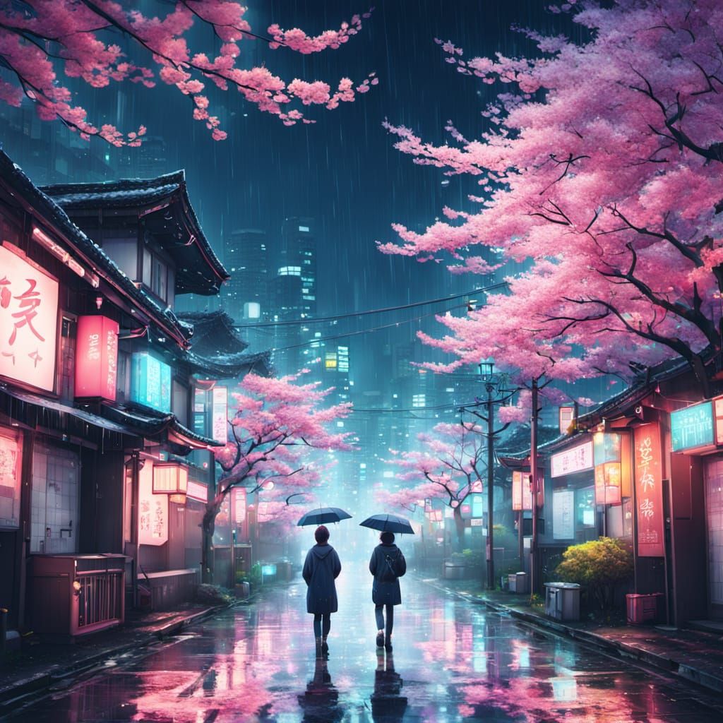 Anime Person in Rainy Japan with Sakura: 4K Digital Art