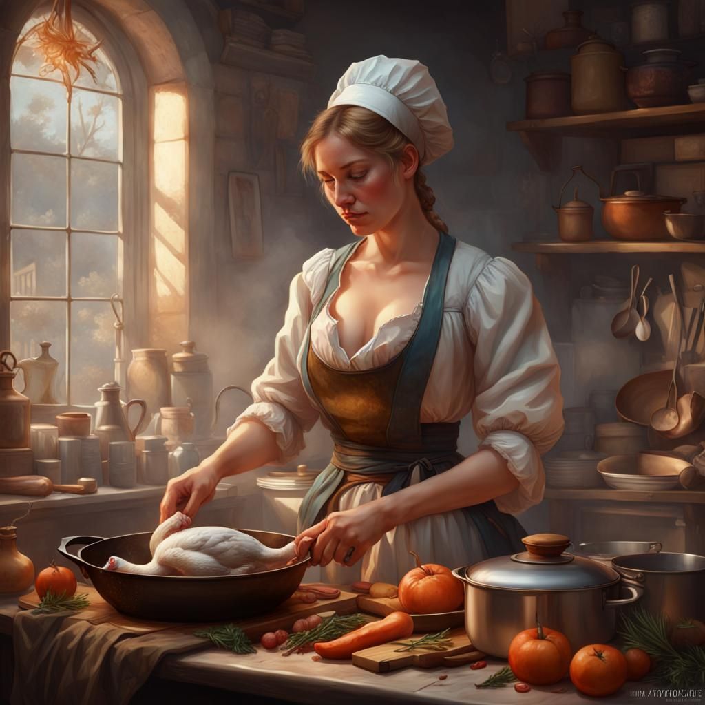 Woman Cooking Goose in 1700s Kitchen, Detailed Portrait