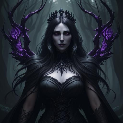 a woman in a dark dress standing in a forest with a crown on her head, dark goddess with six arms, dark fantasy style ar...
