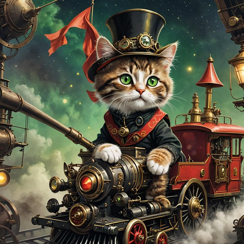Steampunk Kitten Conductor on a Cosmic Train Ride