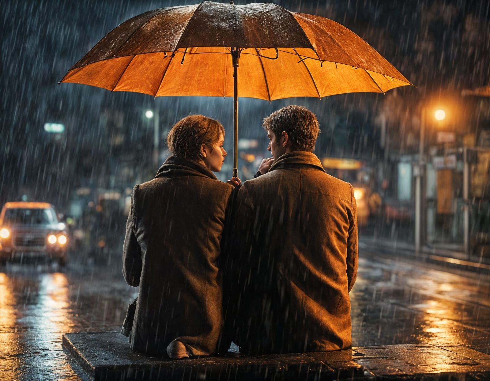 Couple Huddles Under Umbrella on Windy Autumn Evening