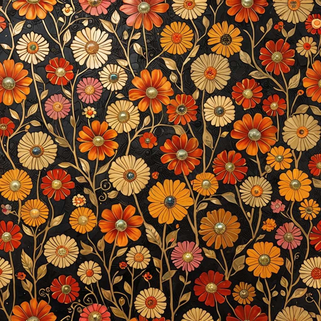 Metallic Flowers in Klimt-Inspired Cracked Lacquer Style