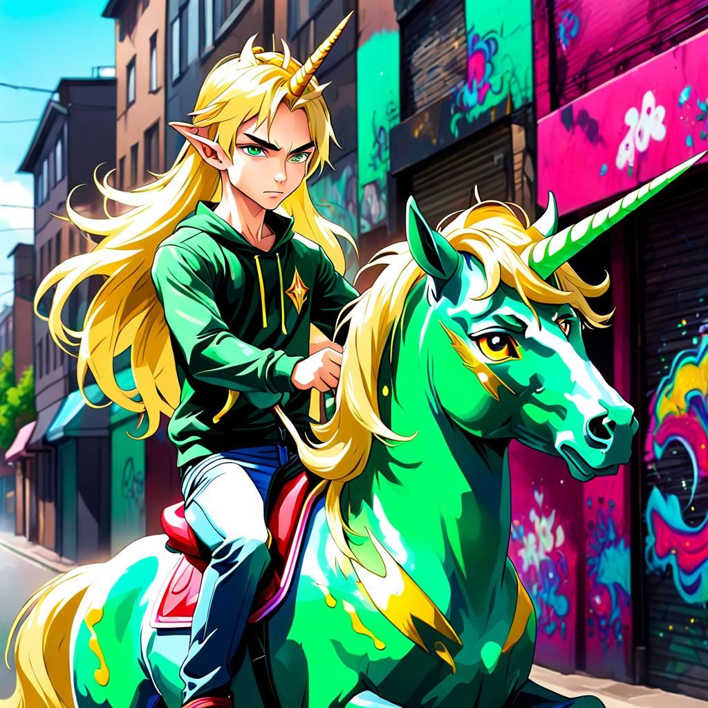 Anime elf riding unicorn