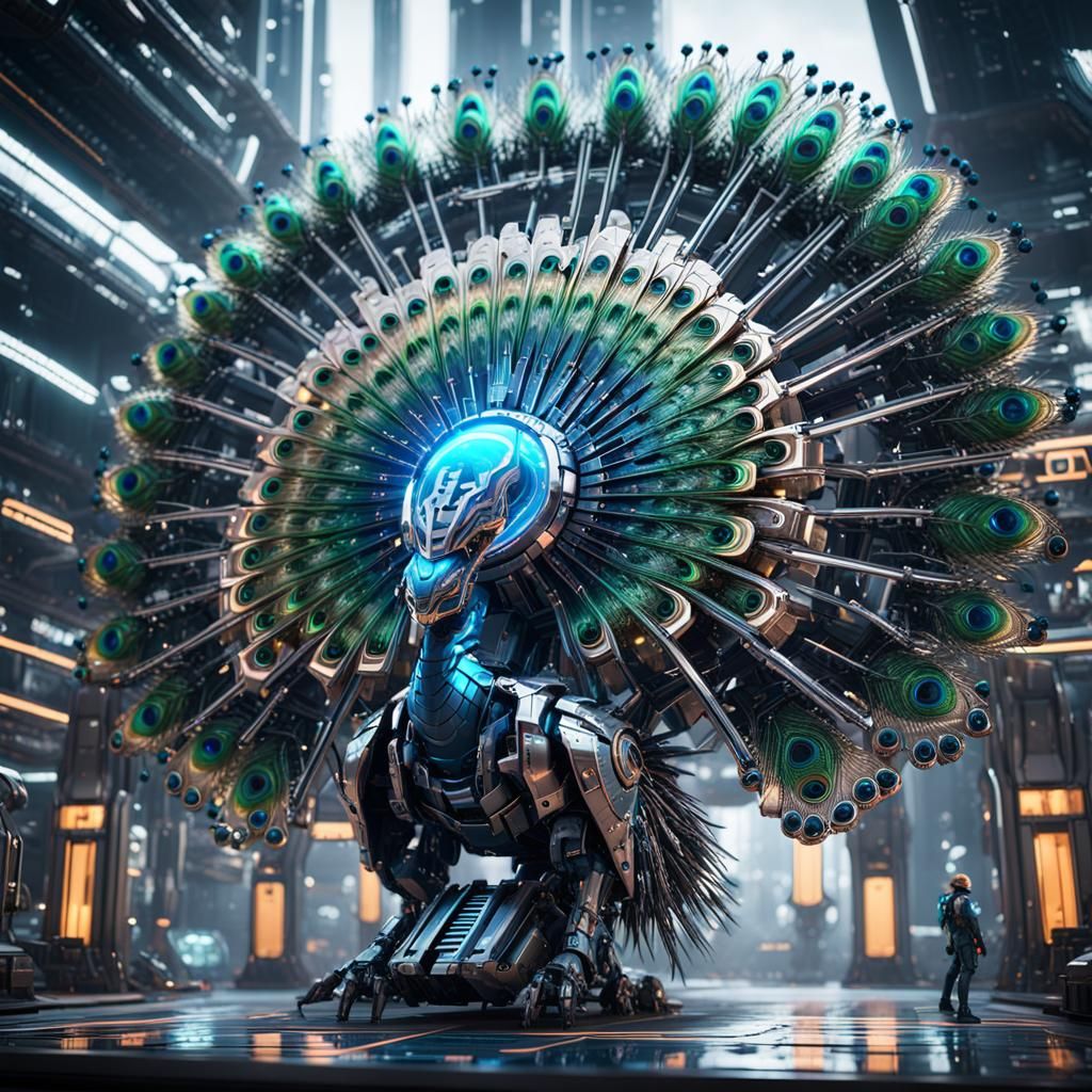 Futuristic Electronic Peacock with Intricate Mech Details