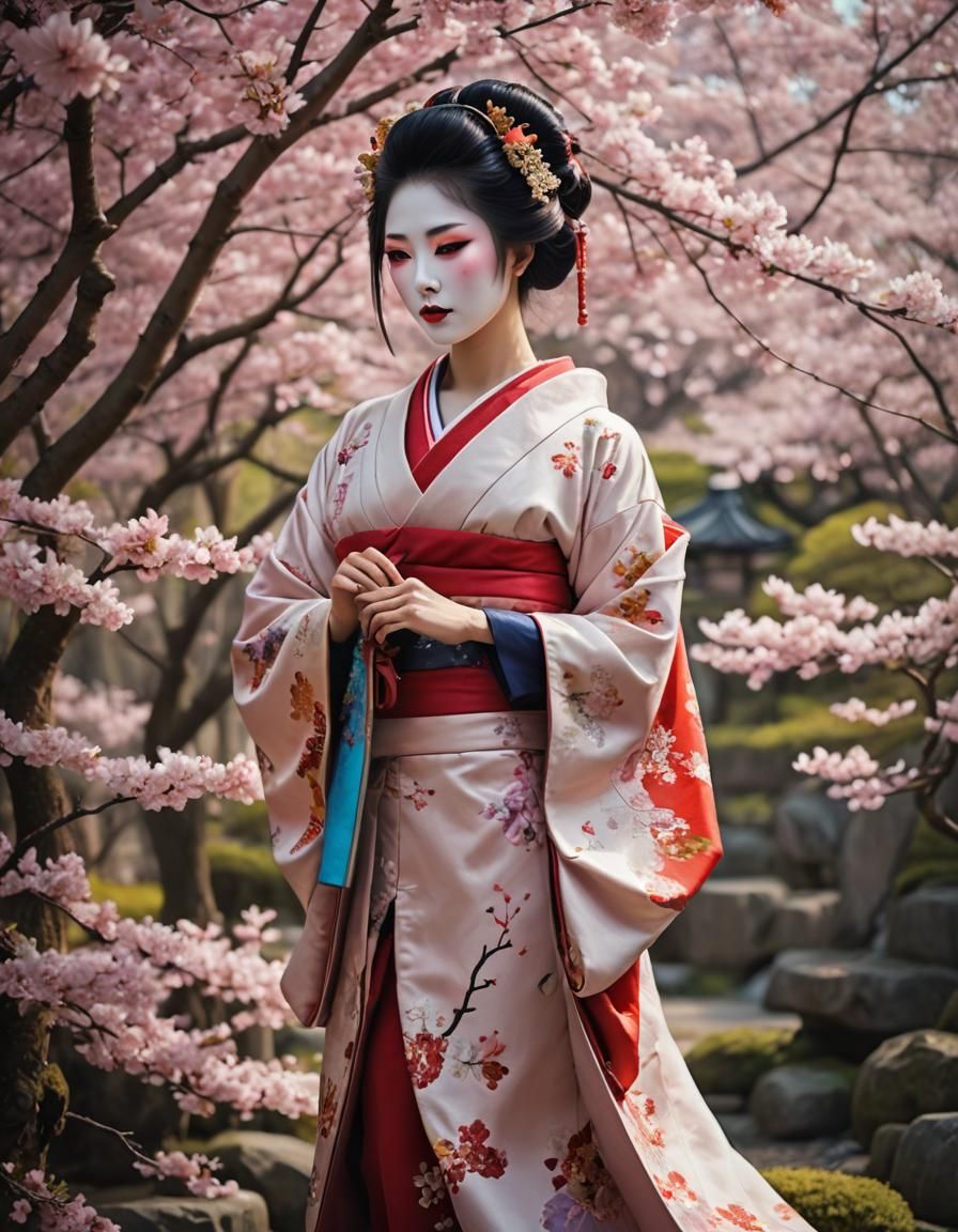 Elegant Geisha Portrait in Sakura Garden