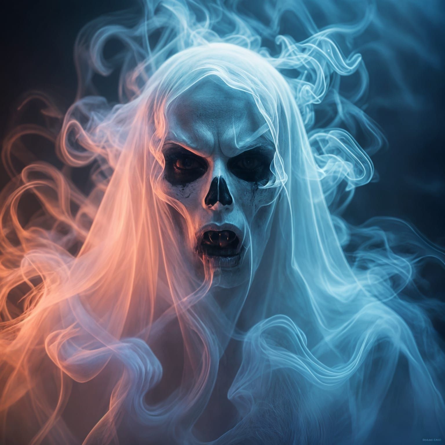 Spooky Ghost Portrait Made of Neon Smoke