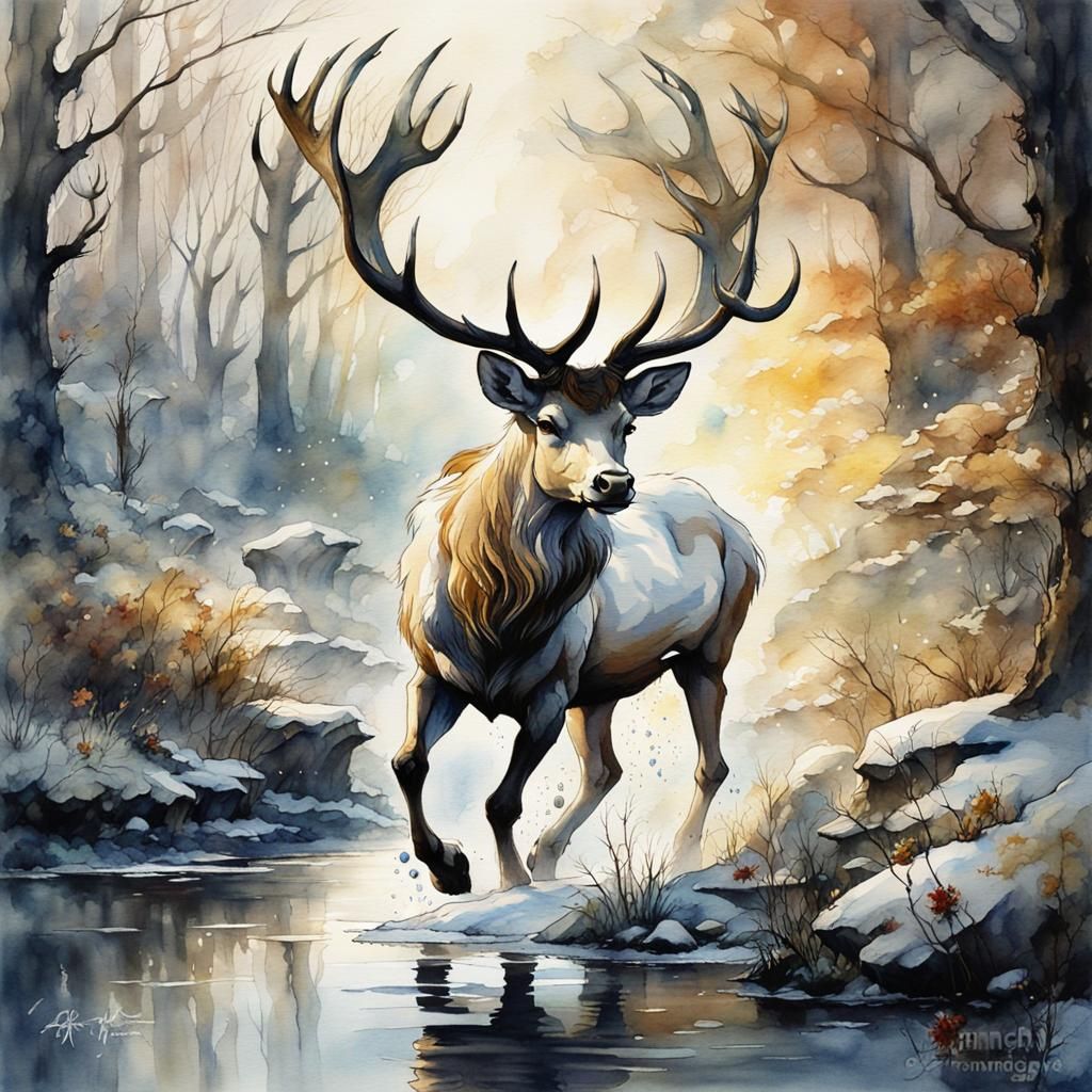 Snow White Stag Watercolor Fantasy Art