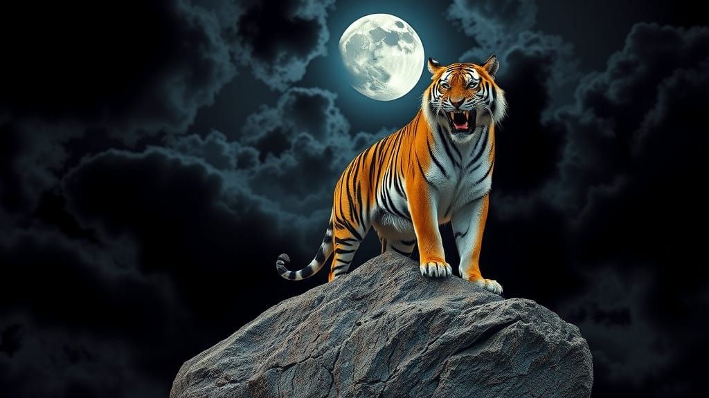Majestic Tiger Under Full Moon in Cyberpunk-Inspired HDR
