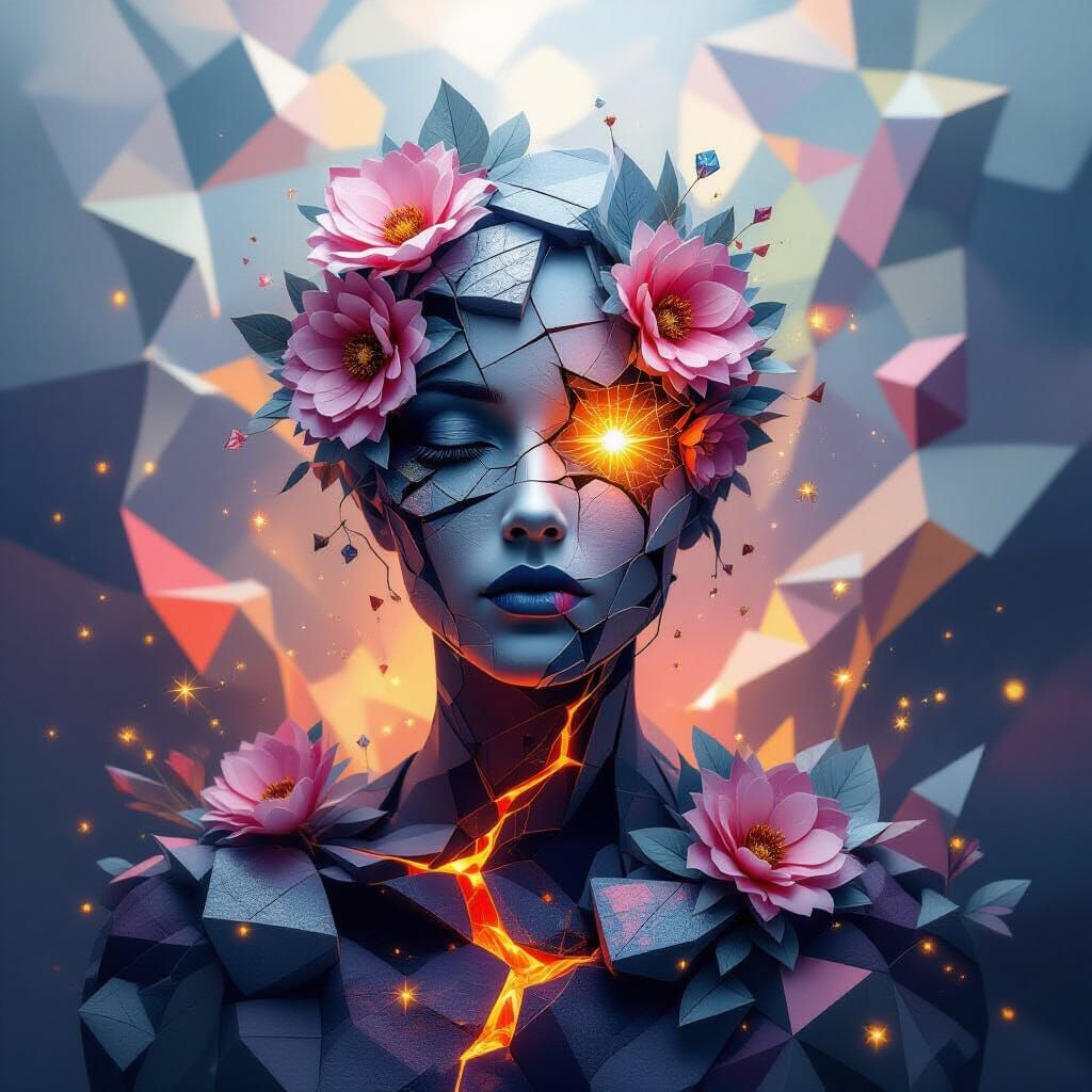 Surreal Portrait: Lava, Flowers, and Geometry