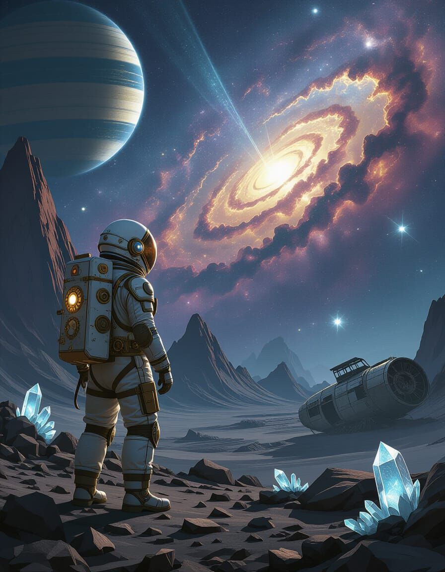 Steampunk Astronaut on Asteroid Under Nebula